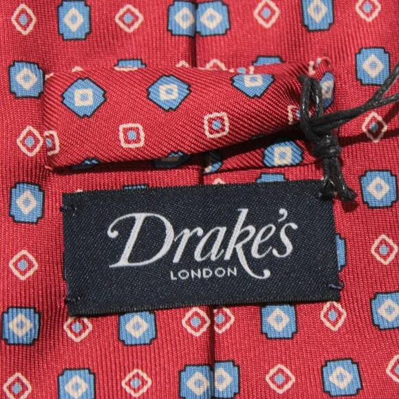 Drake's NWT Neck Tie in Red with Light Blue & White Geometric Pattern 100% Silk